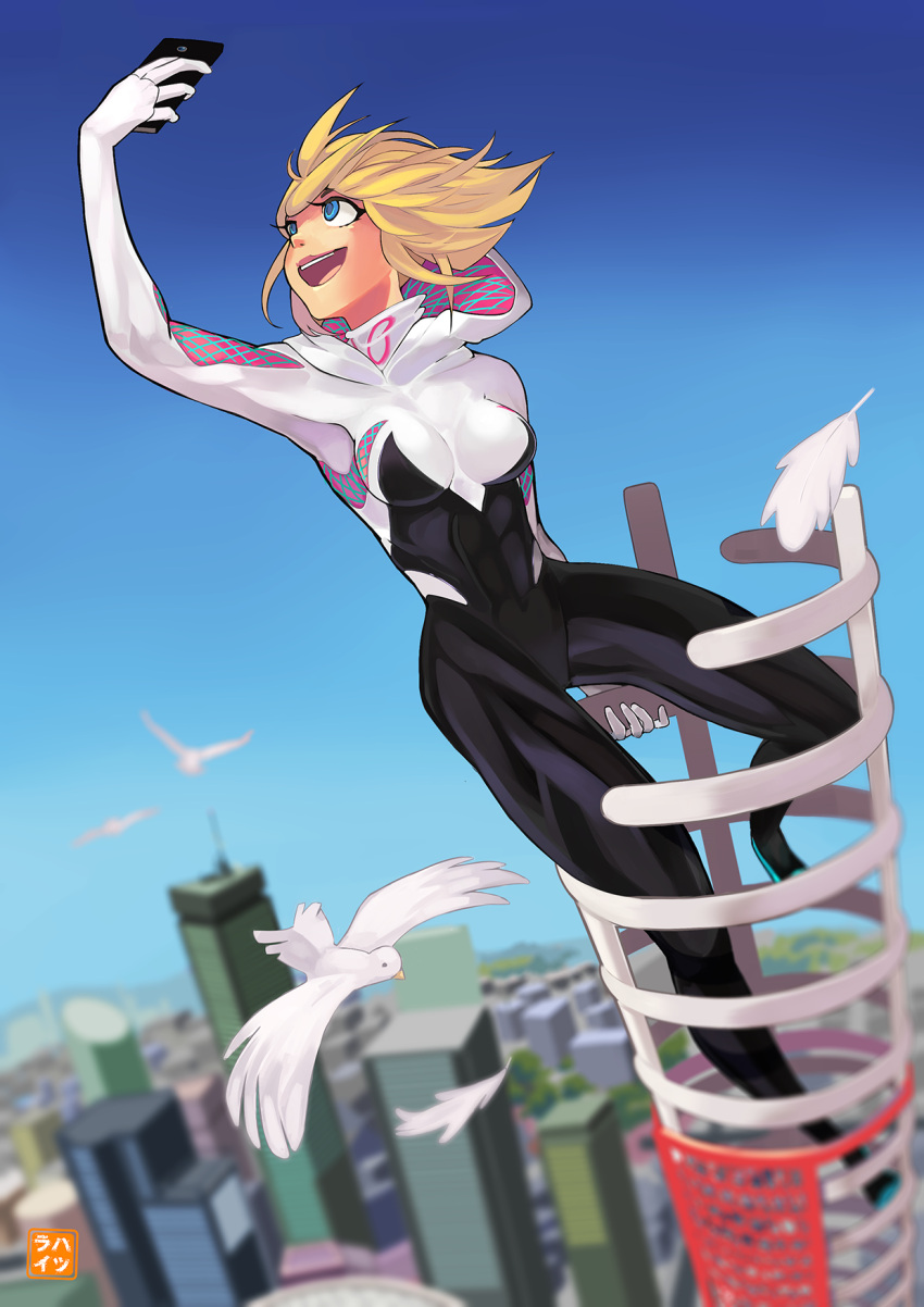 1girl, blonde_hair, blue_eyes, bodysuit, breasts, gloves, gwen_stacy, hatsurai_kun