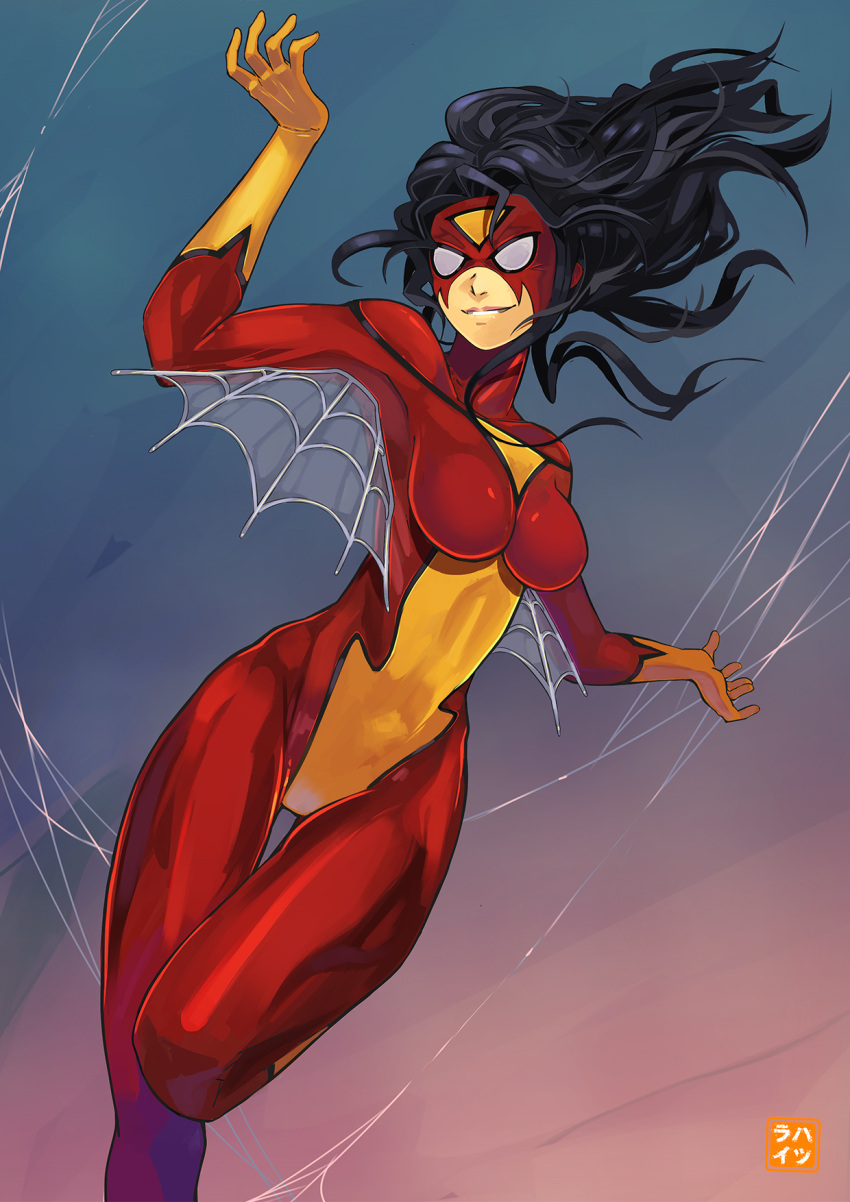 1girl, black_hair, bodysuit, breasts, hatsurai_kun, highres, impossible_clothes, jessica_drew