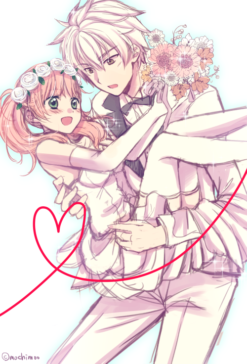 1boy, 1girl, :d, :o, atelier_(series), atelier_escha_&amp;_logy, blush, bouquet