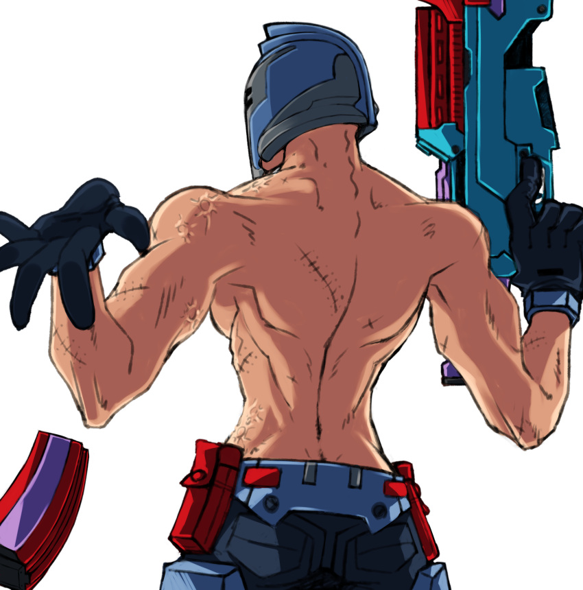 1boy, absurdres, back, battleborn, gloves, gun, helmet, highres