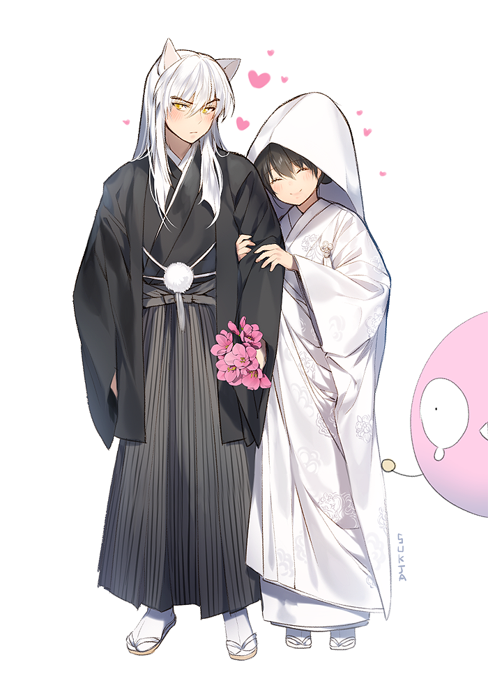 1boy, 1girl, ^_^, animal_ears, artist_name, black_hair, blush, bouquet