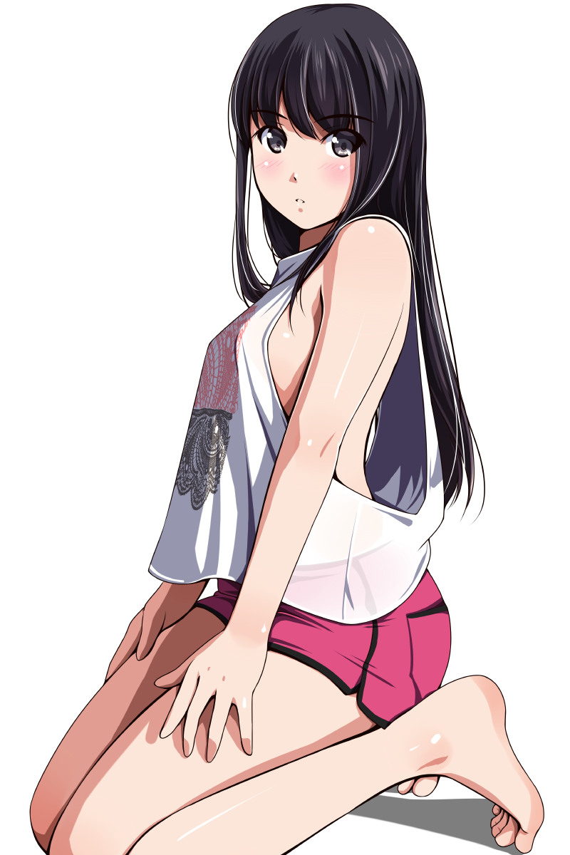 1girl, bad_anatomy, bad_feet, bare_arms, bare_shoulders, barefoot, black_hair, blush