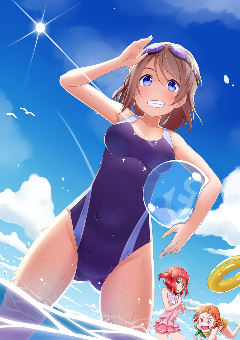 3girls, blue_eyes, blush, breasts, brown_hair, collateral_damage_studios, competition_swimsuit, dutch_angle
