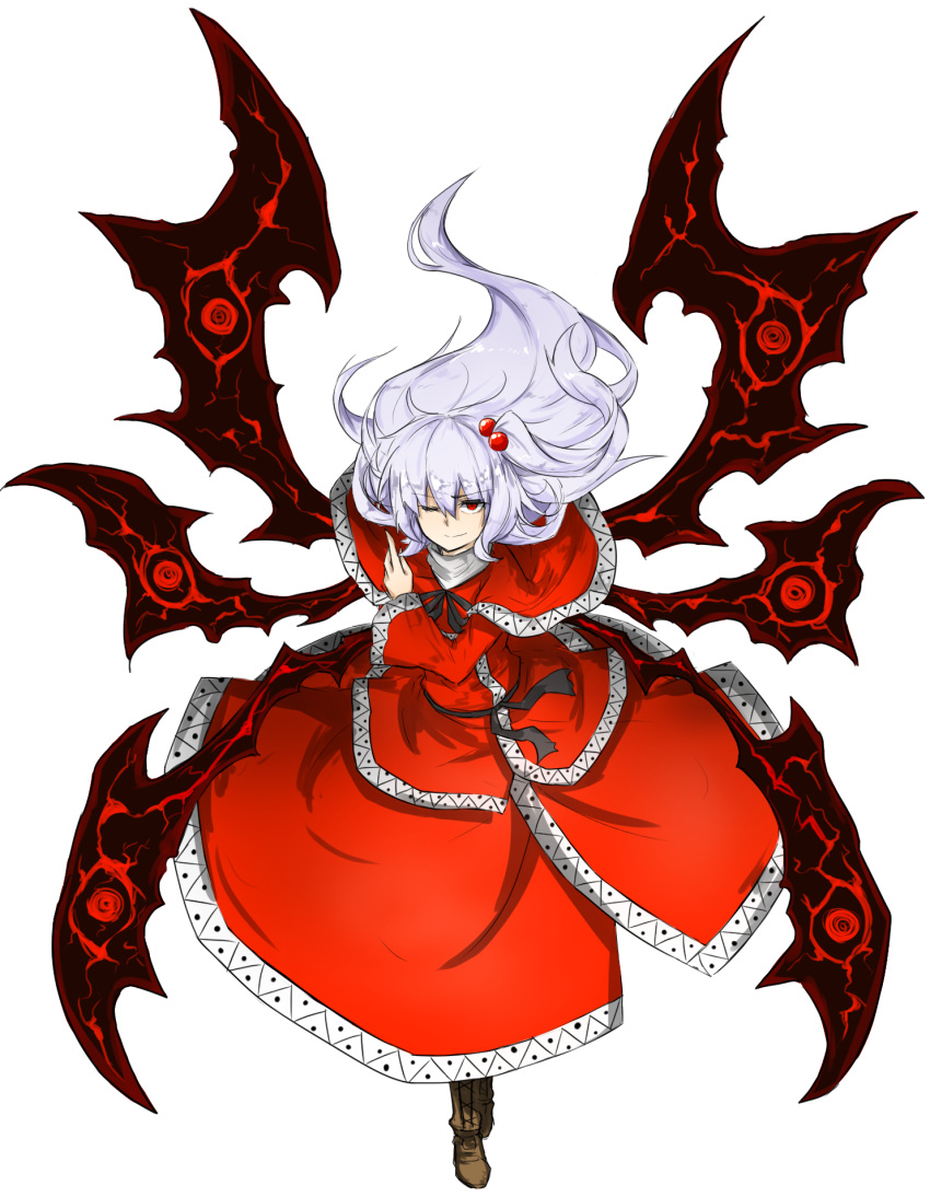 >;), 1girl, black_ribbon, boots, bowing, brown_boots, capelet, cross-laced_footwear, demon_wings, dress, floating_hair, full_body, hair_bobbles, hair_ornament, highres, kan_(aaaaari35), lace-up_boots, long_hair, long_sleeves, looking_at_viewer, multiple_wings, neck_ribbon, red_dress, red_eyes, ribbon, sash, shinki, side_ponytail, silver_hair, solo, touhou, white_background, wings