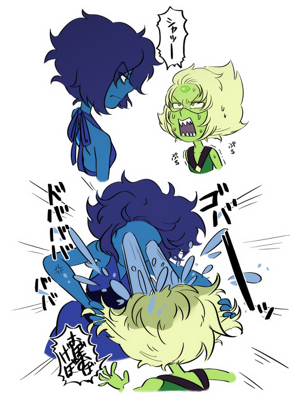 2girls, blue_eyes, blue_hair, blue_skin, forehead_jewel, green_hair, green_skin, lapis_lazuli_(steven_universe)