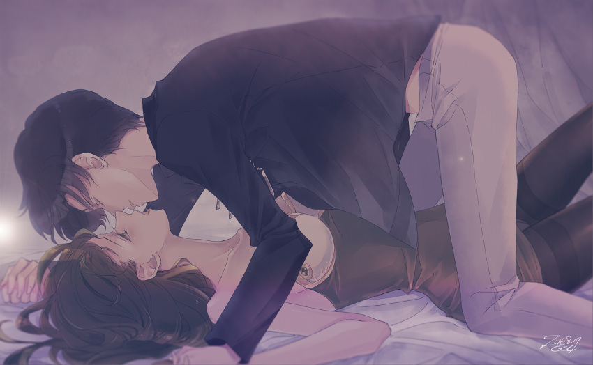 1boy, 1girl, 2016, after_kiss, all_fours, bare_shoulders, bishoujo_senshi_sailor_moon, black_hair