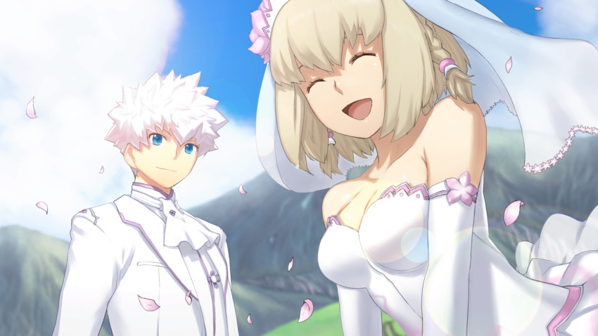 1boy, 1girl, :d, ^_^, aoto_(ar_tonelico), ar_tonelico, ar_tonelico_iii, bare_shoulders