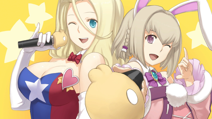 2girls, ;d, animal_ears, aqua_eyes, ar_tonelico, ar_tonelico_iii, back-to-back, blonde_hair