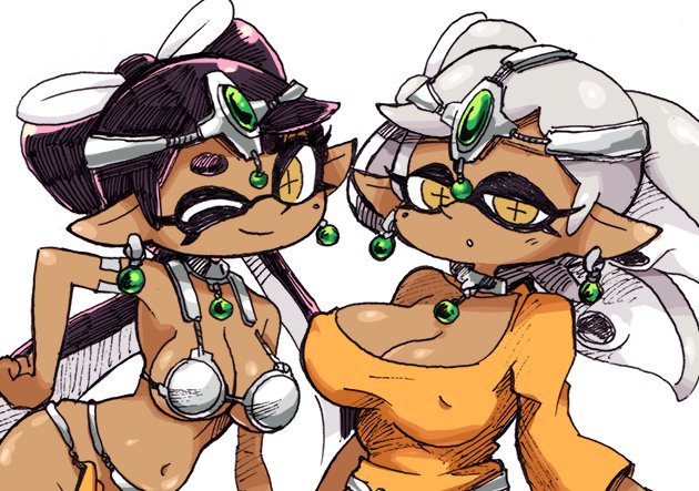 +_+, 2girls, breasts, callie_(splatoon), cleavage, commentary_request, cosplay, dark_skin