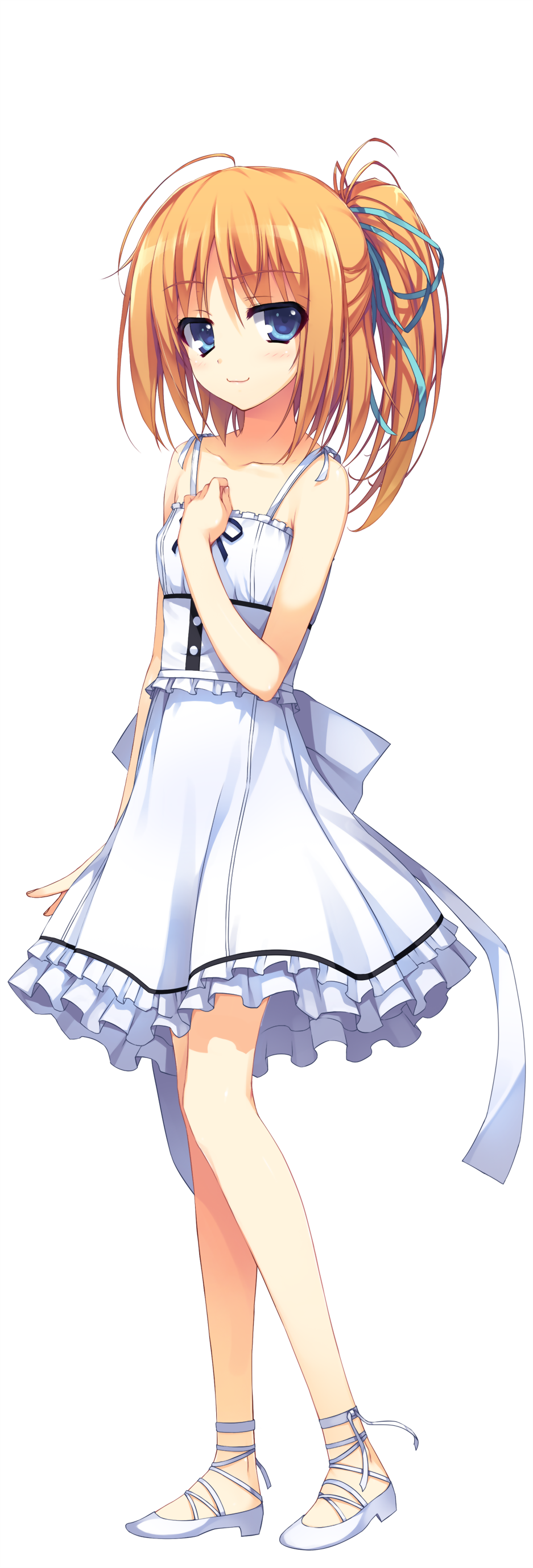 1girl, absurdres, bare_shoulders, blue_eyes, dress, full_body, hand_on_own_chest, highres