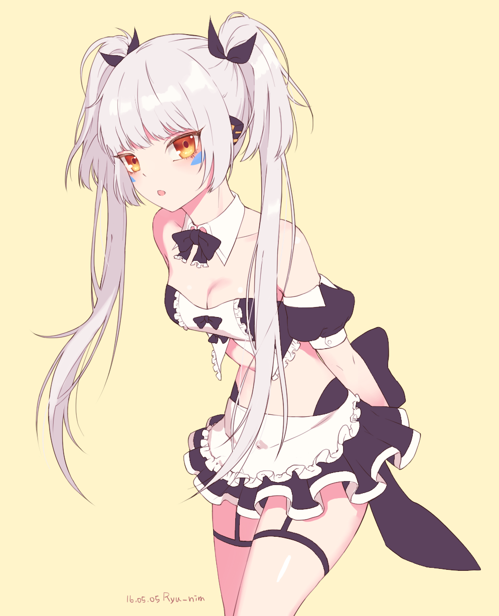 1girl, :o, apron, artist_name, bare_shoulders, black_bow, black_skirt, blush