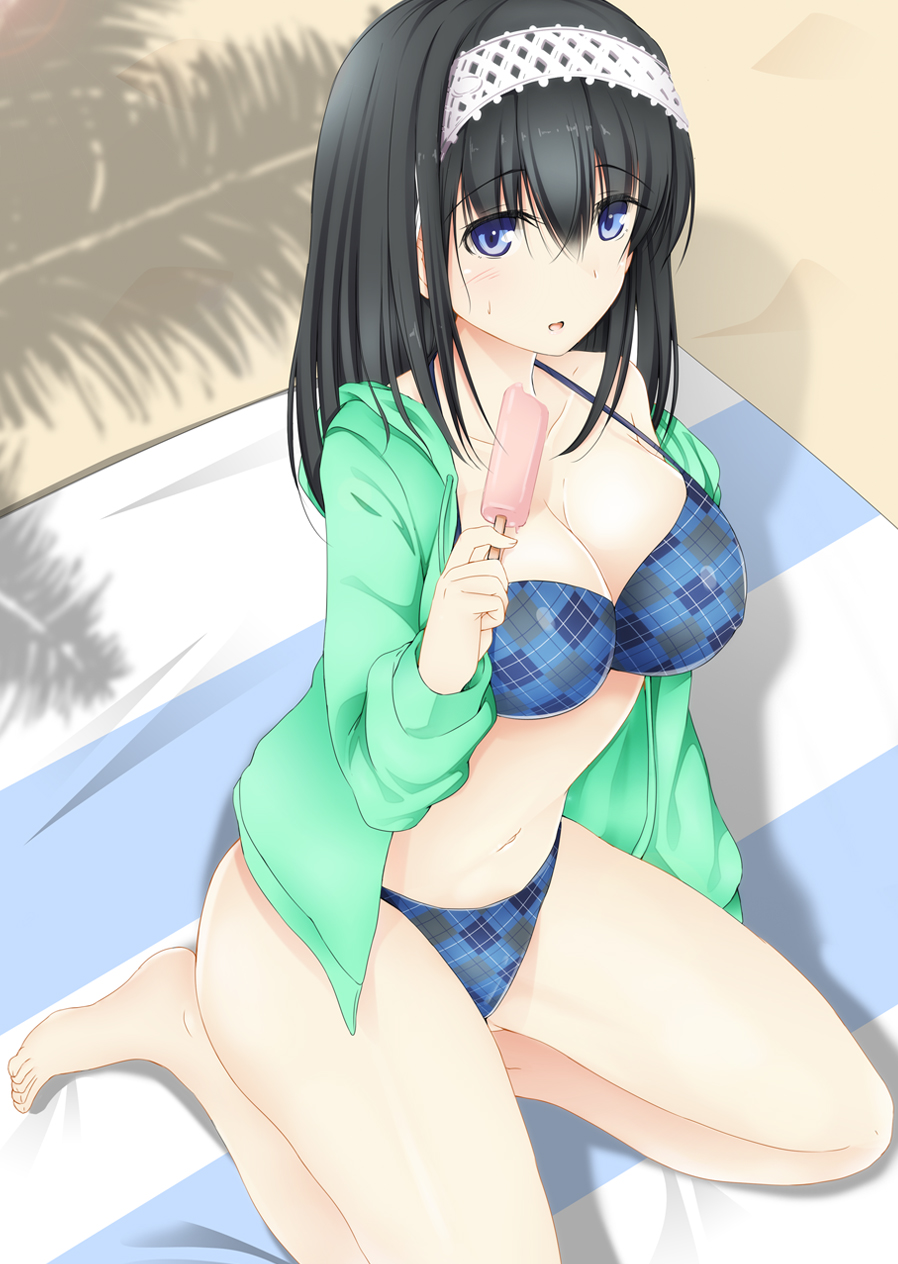 1girl, beach, bikini, black_hair, blue_bikini, blue_eyes, blush, breasts