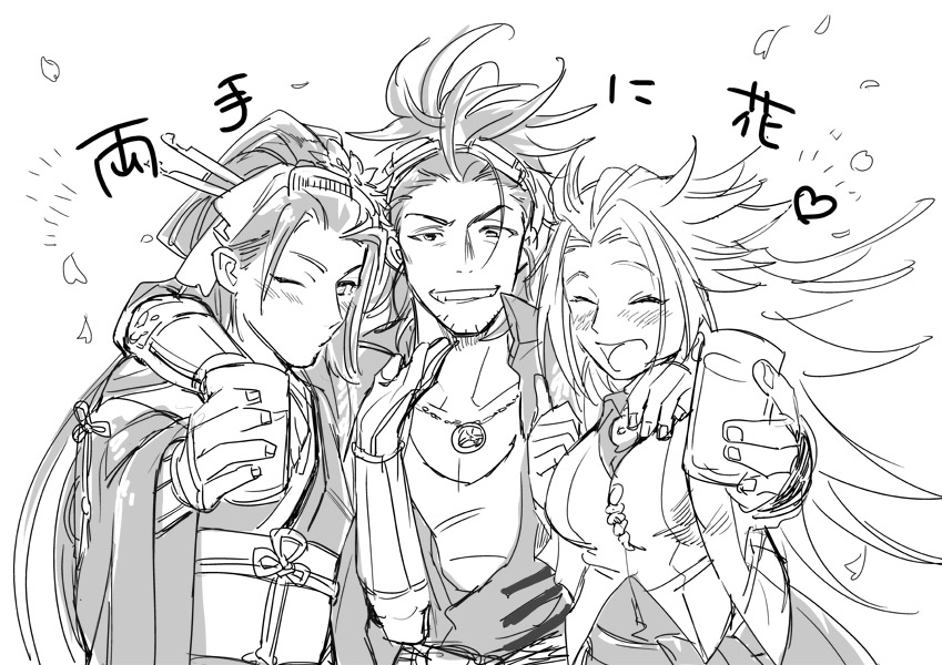 1girl, 2boys, arm_around_shoulder, blush, crossover, cup, drinking_glass, drunk, greyscale, jirou_tachi, jun'you_(kantai_collection), kantai_collection, long_hair, magatama, mochiyarou, monochrome, multiple_boys, nihongou_(touken_ranbu), one_eye_closed, smile, spiky_hair, touken_ranbu, trait_connection