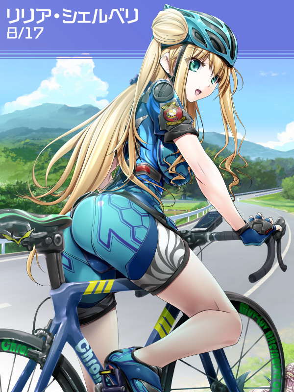 1girl, ass, beta_(muvluv), bicycle, bike_shorts, blonde_hair, breasts, clouds