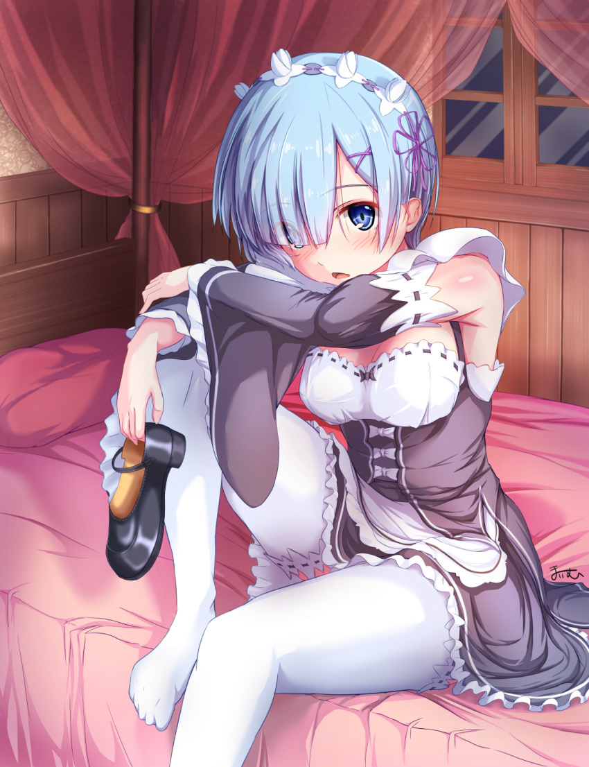 1girl, bare_shoulders, bed, bed_sheet, bedroom, black_dress, blue_eyes, blue_hair