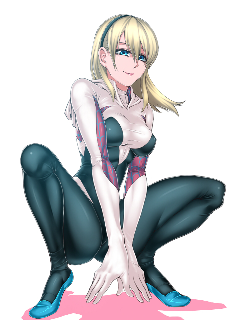 1girl, akx90000, aqua_eyes, blonde_hair, bodysuit, breasts, erect_nipples, full_body, gwen_stacy, hairband, hood, hood_down, long_hair, marvel, shadow, smile, solo, spider-gwen, spider-man_(series), squatting, superhero