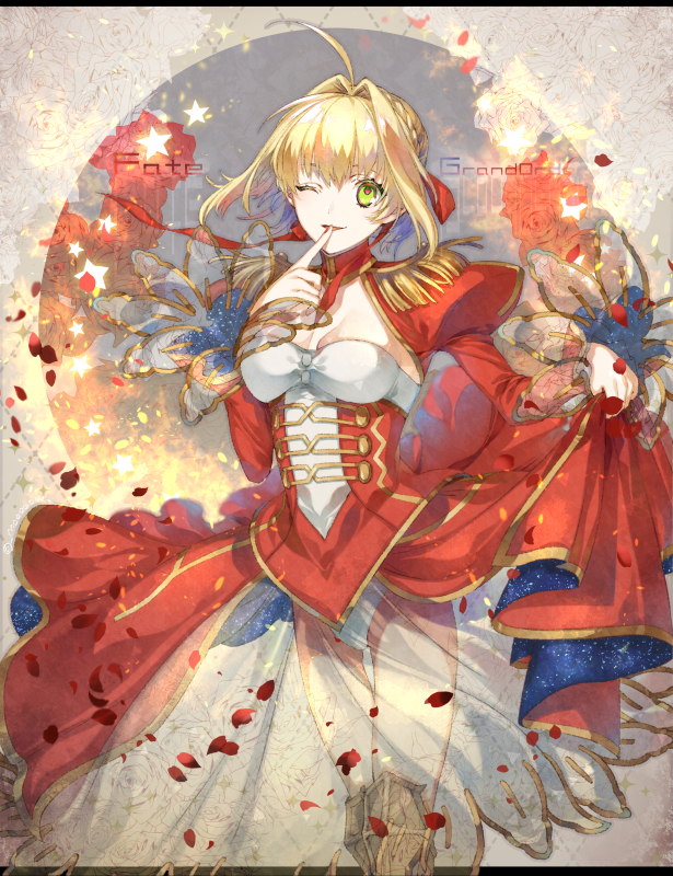 1girl, ahoge, bangs, blonde_hair, braid, breasts, cleavage, copyright_name