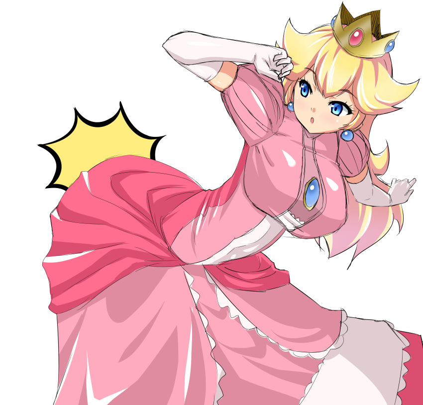 1girl, absurdres, blonde_hair, blue_eyes, breasts, brooch, crown, dress