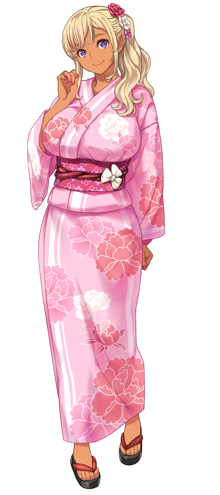 1girl, baka_dakedo_chinchin_shaburu_no_dake_wa_jouzu_na_chi-chan, baka_dakedo_chinchin_shaburu_no_dake_wa_jouzu_na_chii-chan, blonde_hair, breasts, dark_skin, floral_print, flower