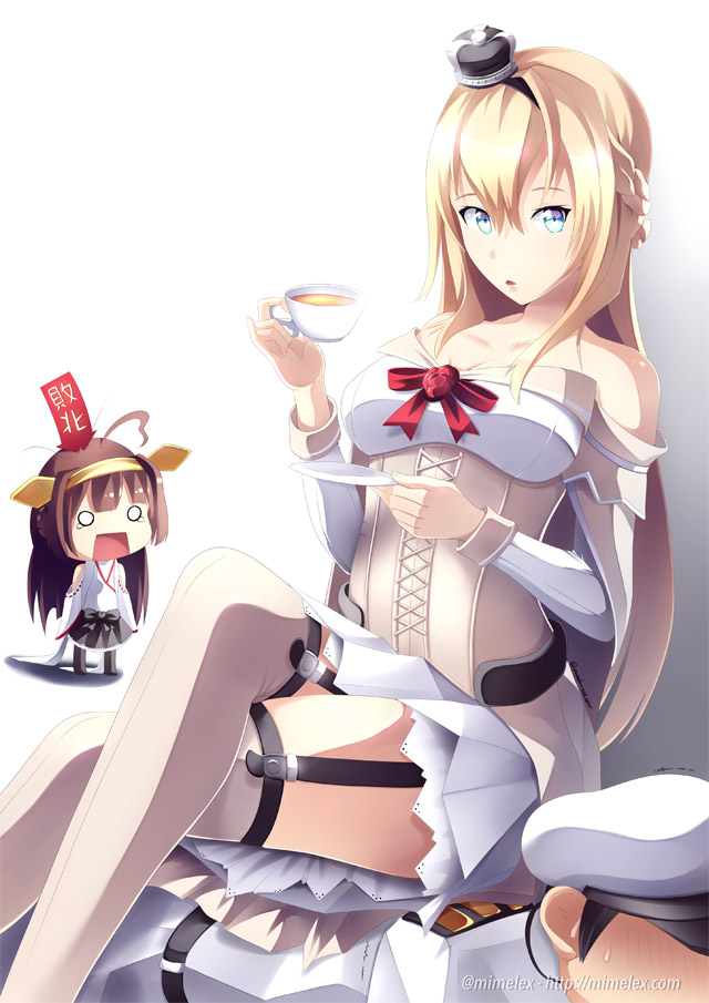 1boy, 2girls, admiral_(kantai_collection), ahoge, all_fours, arms_at_sides, artist_name, black_skirt