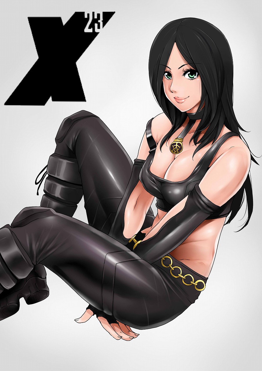 1girl, black_hair, breasts, character_name, cholesenel, cleavage, collar, crop_top
