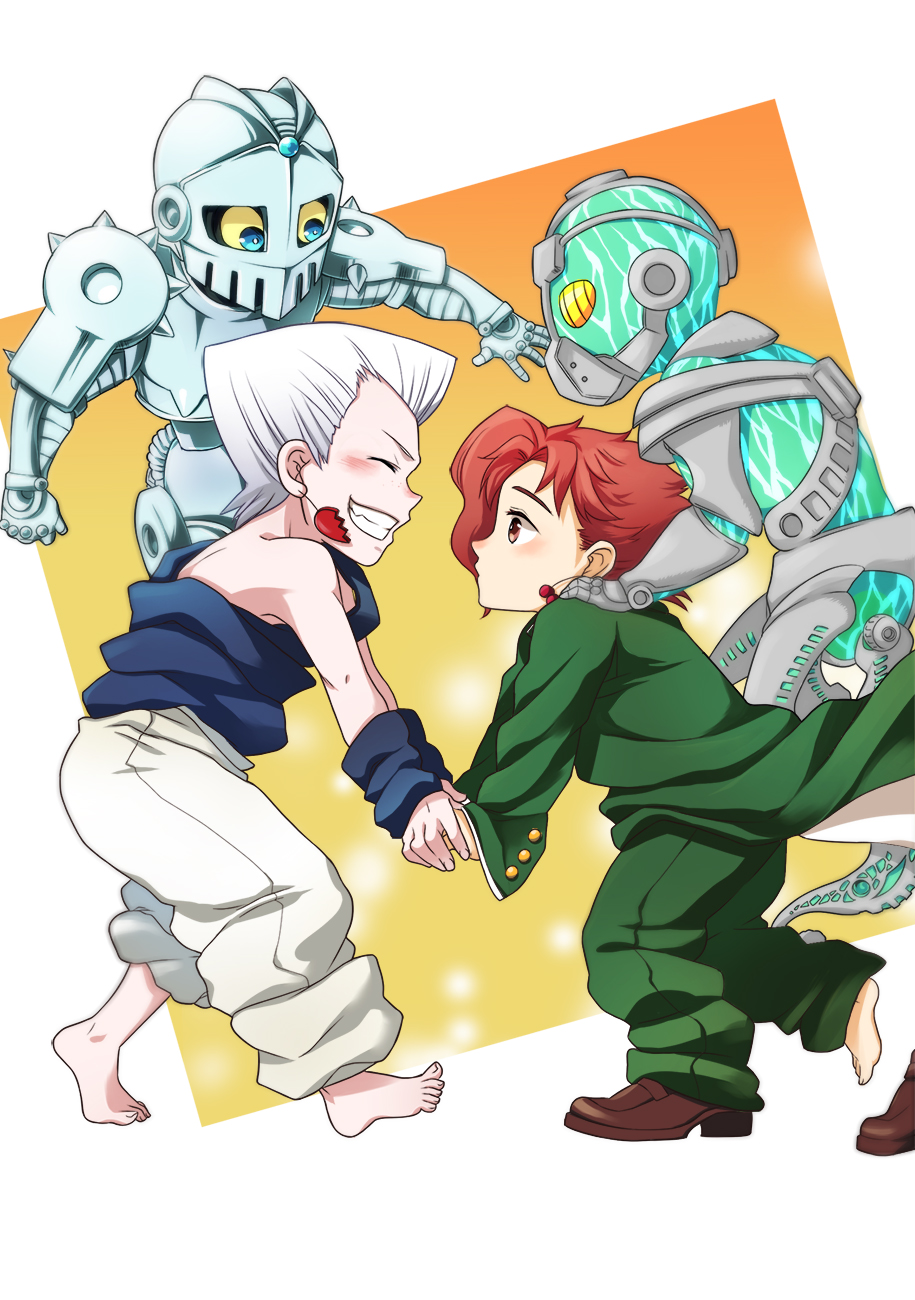 2boys, age_regression, barefoot, brown_eyes, child, closed_eyes, earrings, gakuran