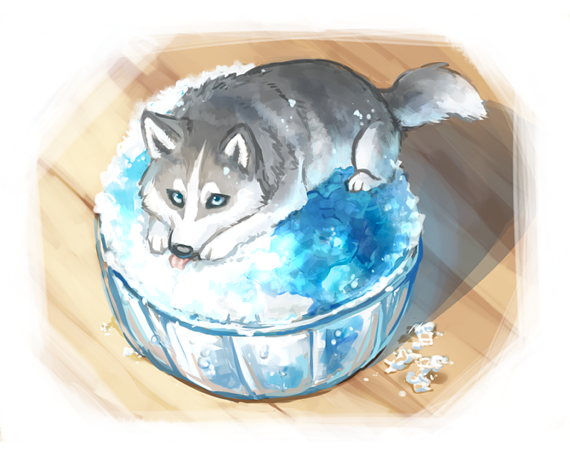 blue_eyes, bowl, dog, ginziro, husky, ice, licking, looking_up