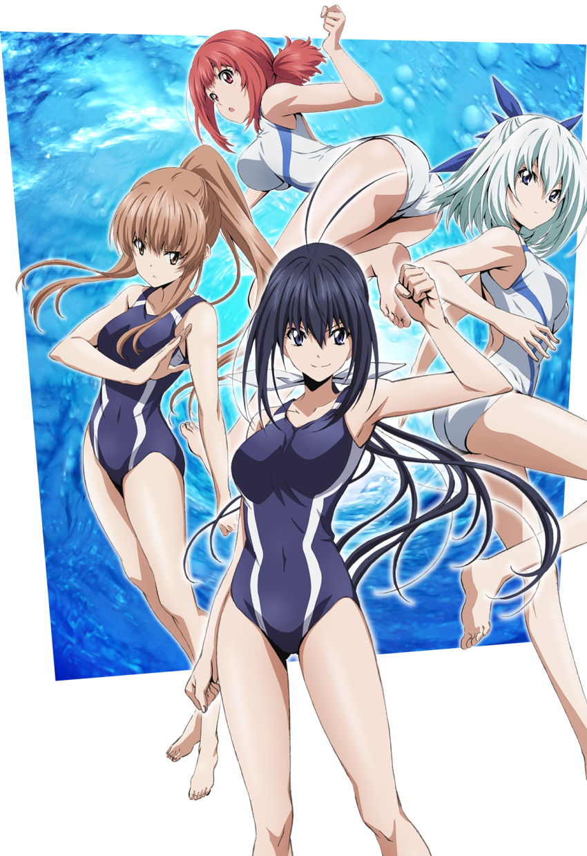 4girls, aoba_kazane, ass, barefoot, black_hair, blue_eyes, blue_ribbon, breasts