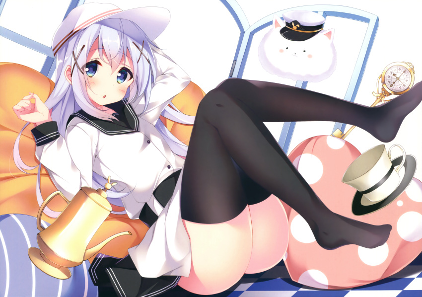 1girl, absurdres, ass, belt, black_legwear, black_skirt, blue_eyes, blush