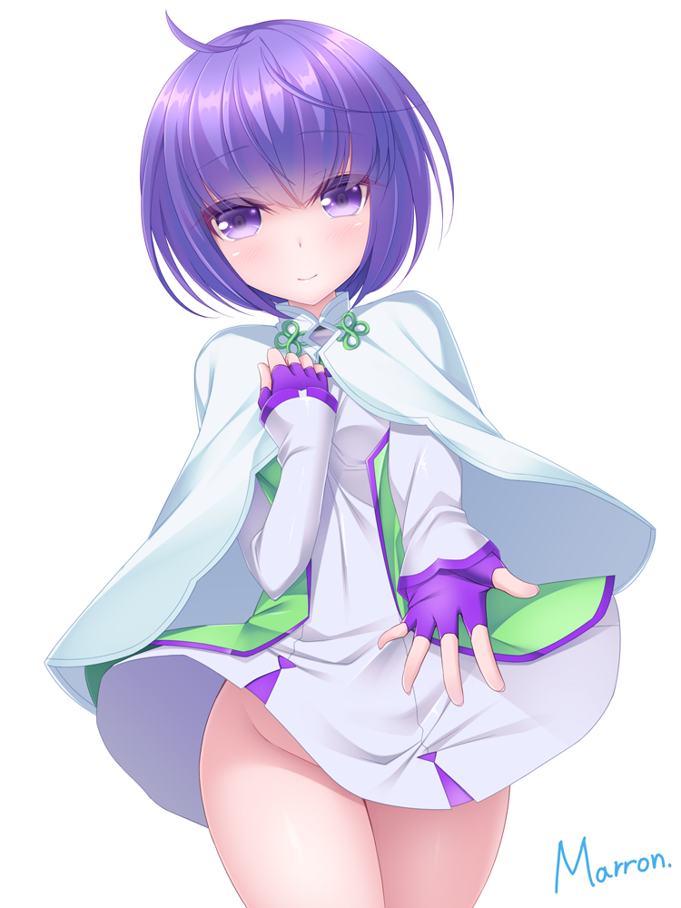1girl, ahoge, artist_name, bangs, beckoning, blush, bob_cut, breasts