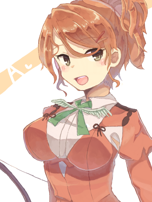 1girl, andou_natsu, aquila_(kantai_collection), blush, bow, breasts, brown_eyes, brown_hair, dress_shirt, kantai_collection, long_hair, looking_at_viewer, open_mouth, ponytail, ribbon, shirt, solo, upper_body, wings