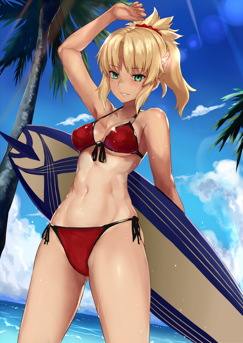 1girl, bikini, blonde_hair, breasts, fate/apocrypha, fate/grand_order, fate_(series), green_eyes