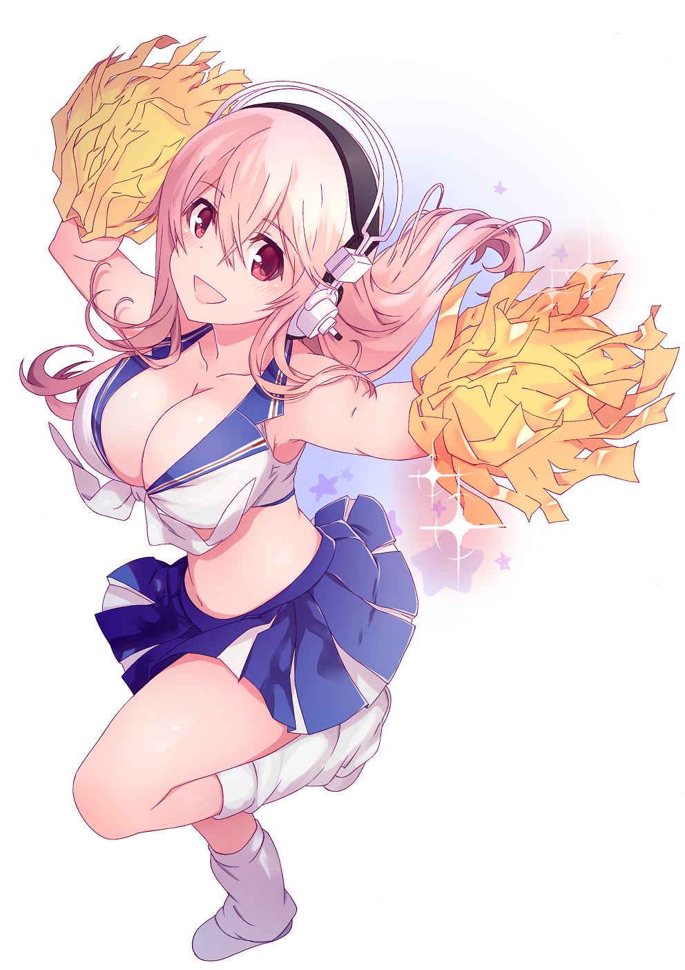 1girl, arms_up, asaoka_(0x0), bare_shoulders, blue_skirt, blush, breasts, cheerleader