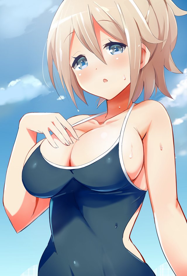 1girl, 9law, :o, aoyama_blue_mountain, blue_eyes, blue_sky, blush, breasts
