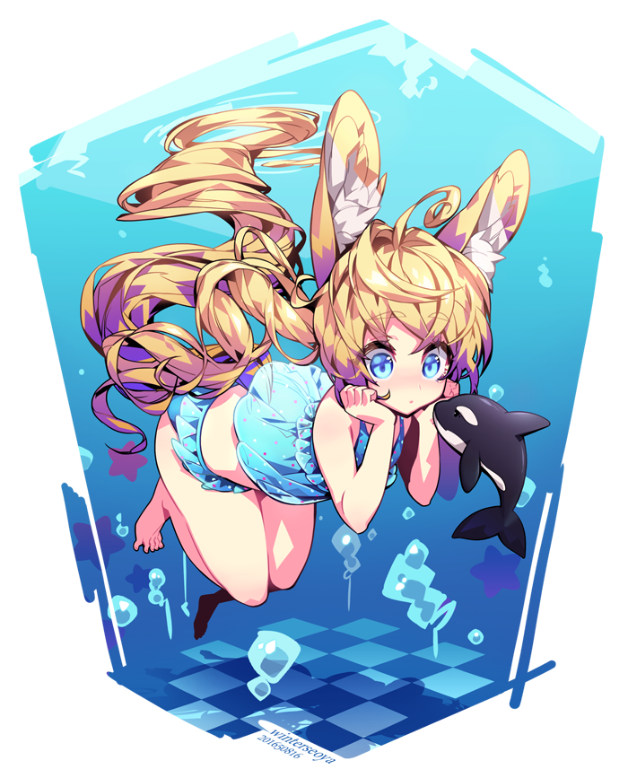 1girl, animal_ears, barefoot, bikini, blonde_hair, blue_eyes, elin_(tera), long_hair