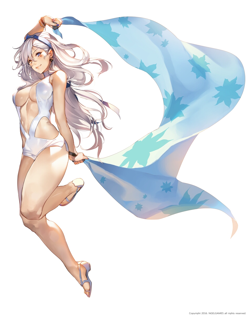 1girl, bracelet, breasts, earrings, erakis, full_body, heterochromia, highres