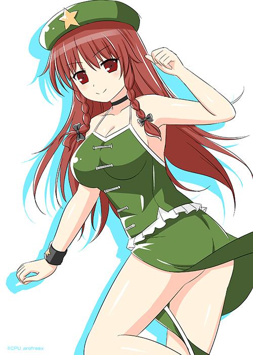 >:), 1girl, adapted_costume, aqua_eyes, armpits, bare_shoulders, beret, black_bow