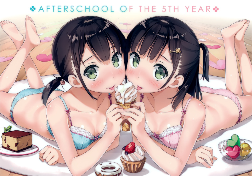 2girls, :p, absurdres, bangs, bare_arms, bare_shoulders, barefoot, black_hair