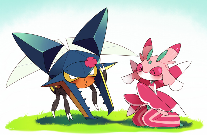 10s, ^_^, blush, claws, closed_eyes, flower, flower_on_head, flying, gradient, gradient_background, grass, horns, insect, insect_wings, kan'oke_maru, lurantis, mandibles, no_humans, pink_eyes, pokemon, pokemon_(creature), pokemon_(game), pokemon_sm, seiza, sitting, sweatdrop, vikavolt, wings, yellow_eyes