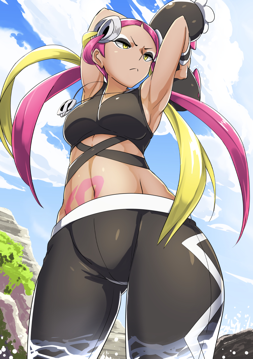 10s, 1girl, armpits, arms_up, blonde_hair, blue_sky, blush, breasts
