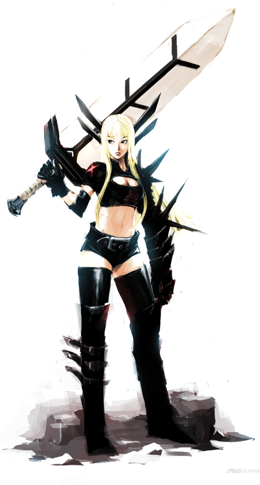 1girl, armor, belt, black_gloves, blonde_hair, blue_eyes, breasts, cleavage