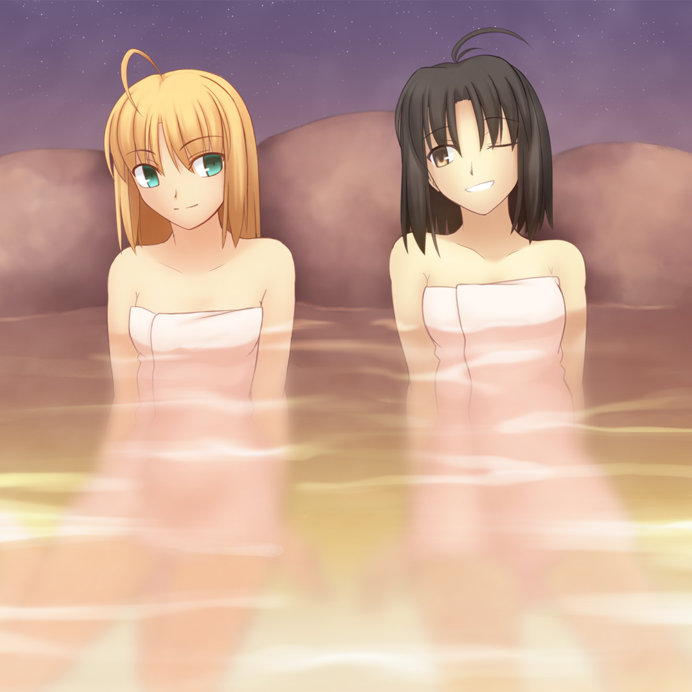 2girls, ahoge, bath, bathing, black_hair, blonde_hair, breasts, fate/stay_night