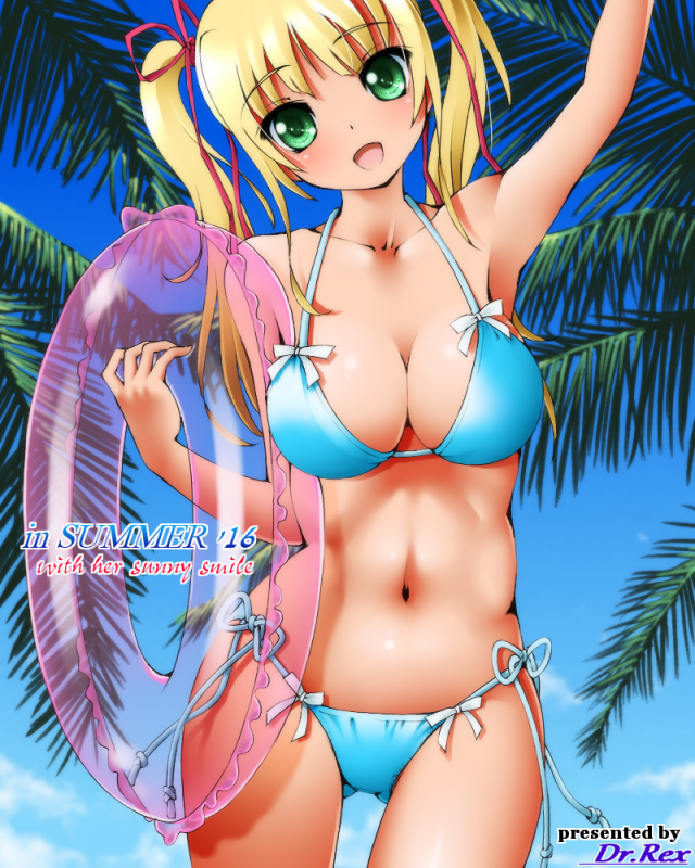 1girl, 2016, :d, arm_up, artist_name, bikini, blue_bikini, blue_sky