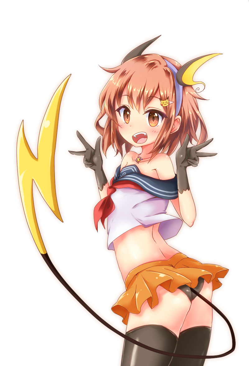 >_<, 1girl, :3, anchor_symbol, ass, bare_shoulders, black_gloves, black_legwear