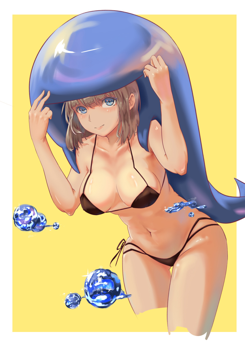 1girl, absurdres, bangs, bare_arms, bikini, black_bikini, blue_eyes, blush