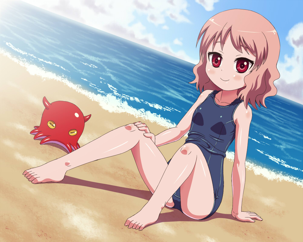1girl, barefoot, beach, bikini, blush, character_request, child, clouds