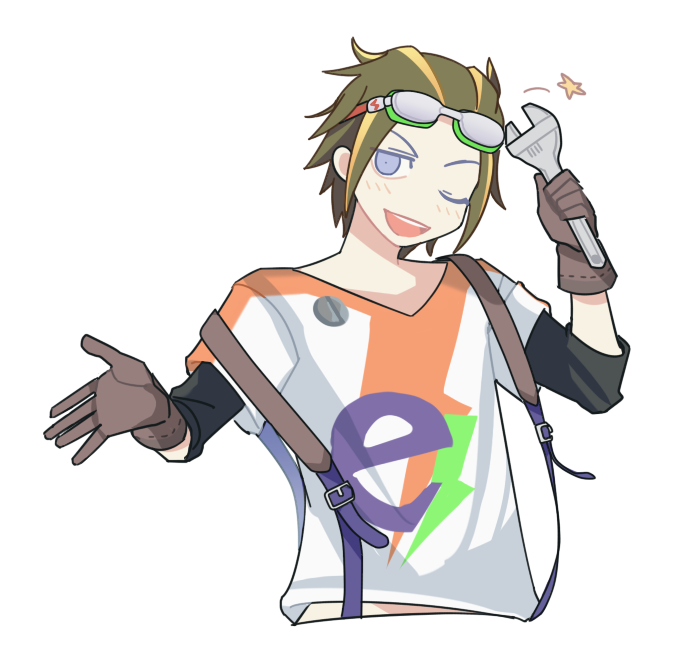1boy, amata_(merutui), blue_eyes, blush, brown_gloves, brown_hair, gloves, goggles