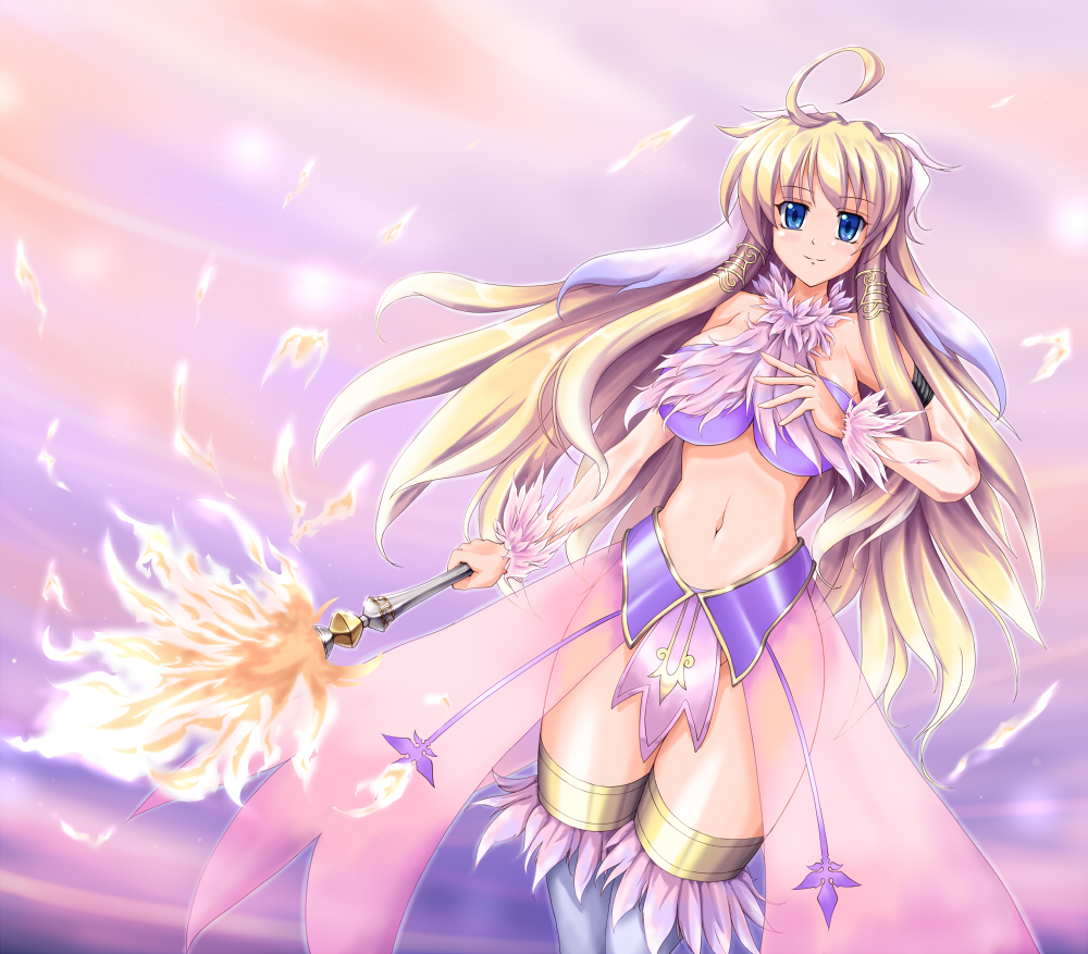 1girl, ahoge, althea, bare_shoulders, blonde_hair, blue_eyes, breasts, feather_trim