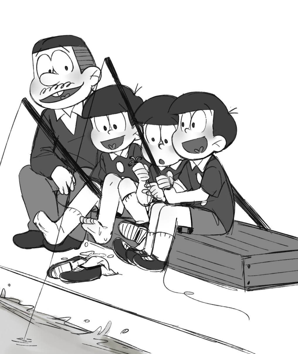4boys, box, facial_hair, father_and_son, fishing, greyscale, heart, heart_in_mouth