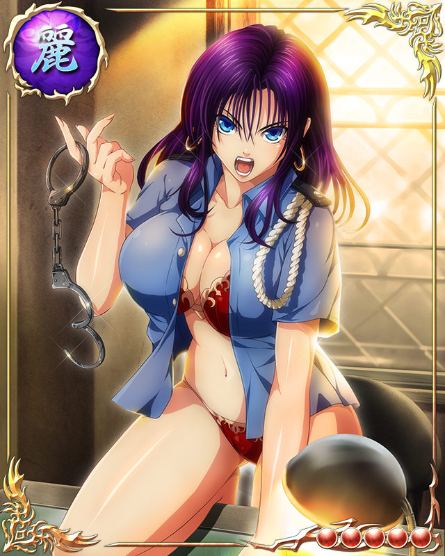 1girl, angry, bare_legs, bastard!!, blue_eyes, bra, breasts, card_(medium)